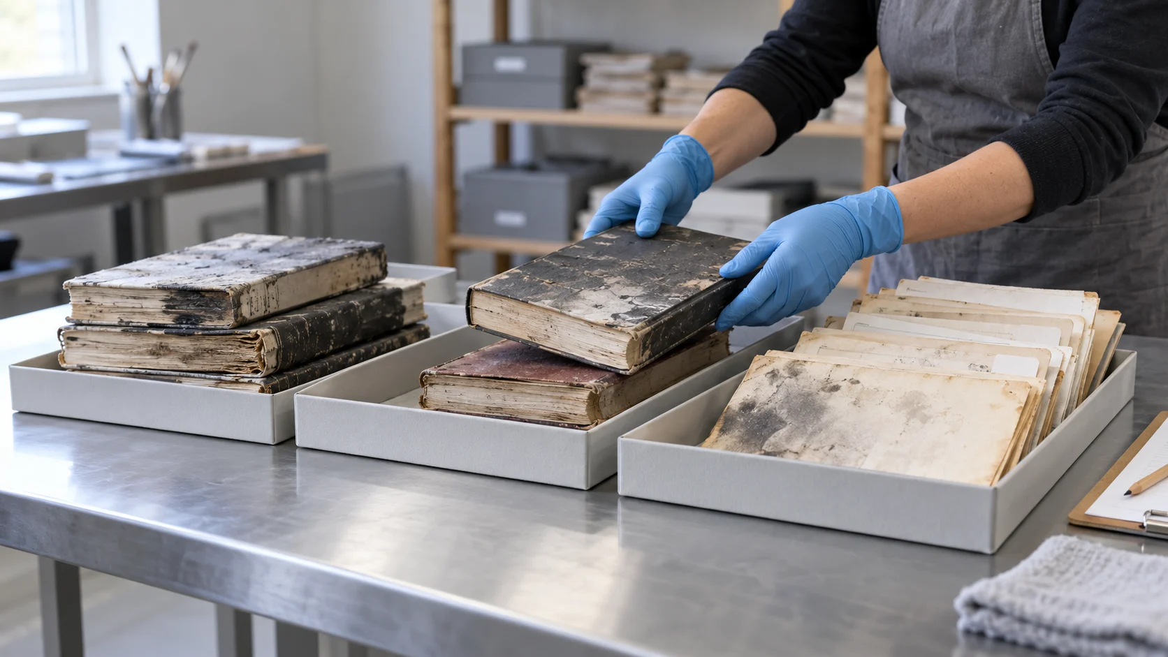 Handschuhe sortieren rauchbelastete Bücher und Papierunterlagen in getrennte flache Archivschalen