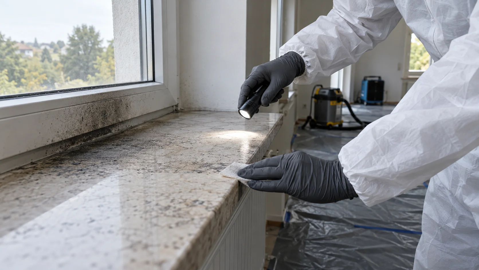 Fachkraft untersucht mit Lampe und Handschuhen einen rauchbelasteten Naturstein-Fensterstock in einem gesicherten Raum