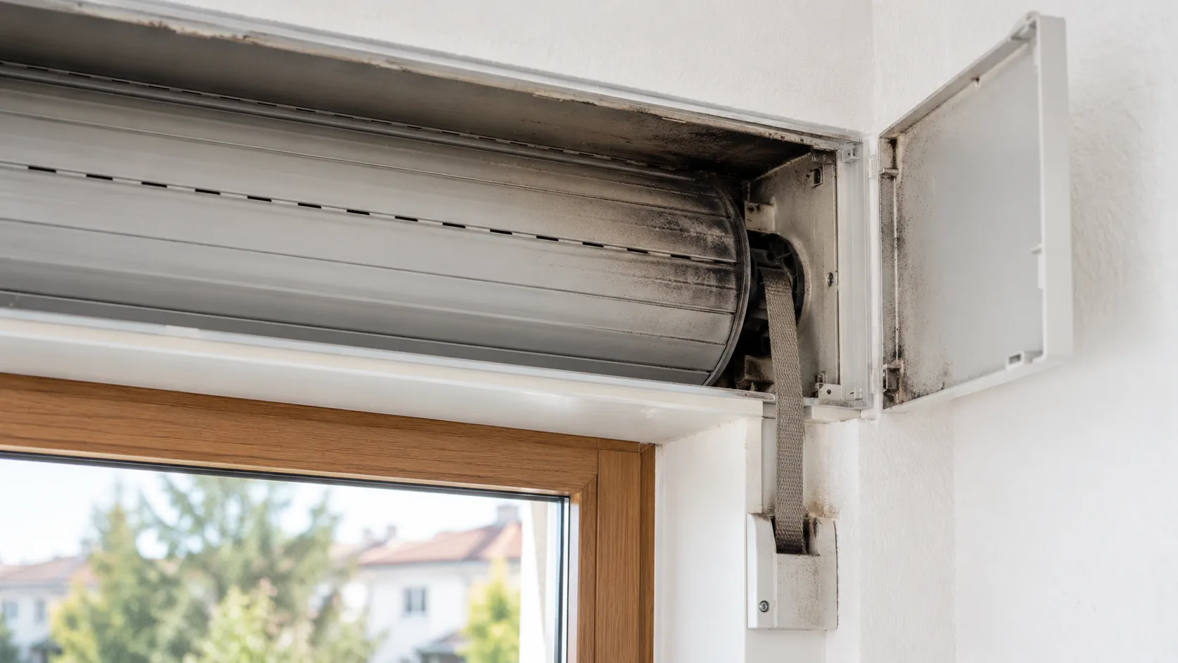 Geöffneter Rollladenkasten über einem Fenster mit leichtem Rußbelag im Hohlraum und an der Gurtführung