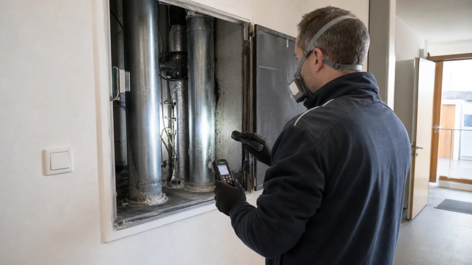 Fachkraft untersucht einen geöffneten Installationsschacht mit Rohrleitungen und sichtbaren Rauchspuren