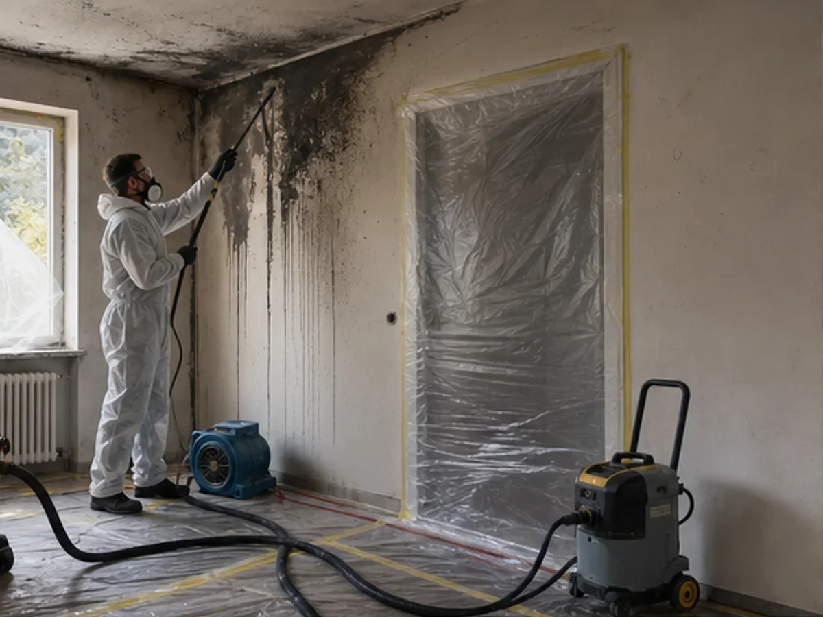 Fachkraft in Schutzanzug und Atemschutz entfernt in einem verrauchten Wohnraum Rußablagerungen von einer Wand; Boden und Türöffnung sind sauber abgeklebt