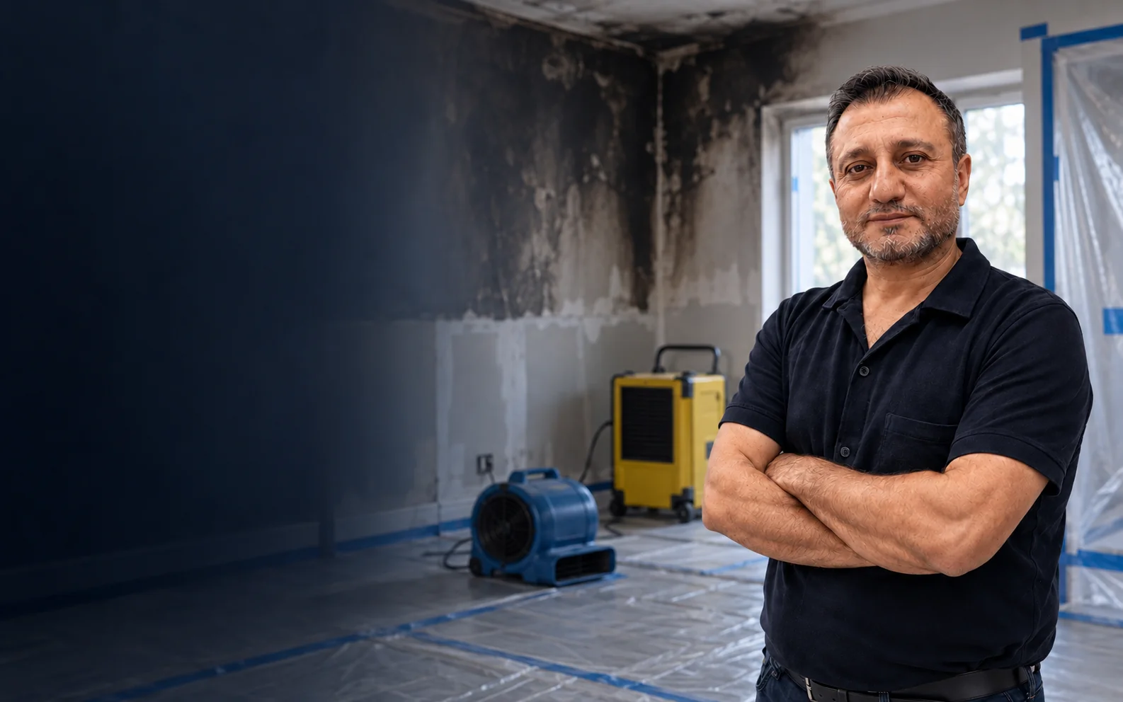 Rapid-Ansprechpartner vor einem Brandschadenraum mit Trocknungsgeräten